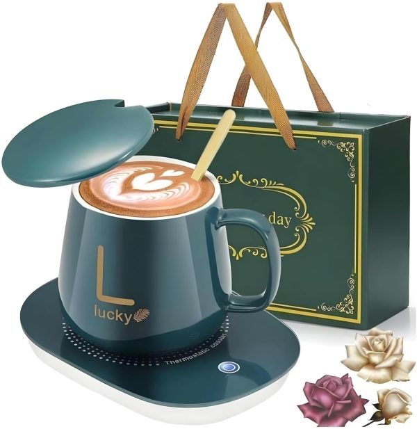 Coffee Mug Warmer Cup Heater for Desk Coffee Warmer Beverage Warmer Automatic Thermostatic Smart Cup Heater for Coffee Milk Tea Cocoa Water Home and Office Use Cup Spoon